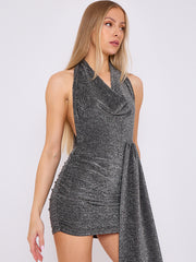 Lurex Halfter Cowl Hals geraumeltes Kleid mit drapierten Details