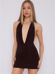 Open Back Halter Slinky Ruched Dress