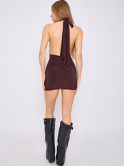 Open Back Halter Slinky Ruched Dress