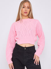 Long Sleeve Cable Knitted Cropped Jumper