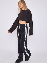 Towelling Wide Leg Trouser With Stripe Detail - Black