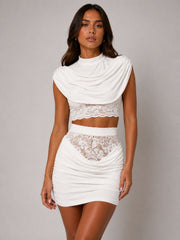 Draped High Neckline Lace Detail Top & Skirt Co-Ord