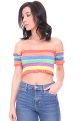 Rainbow Stripe Shirred Bardot Crop Top