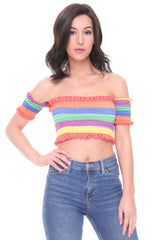 Rainbow Stripe Shirred Bardot Crop Top