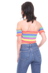Rainbow Stripe Shirred Bardot Crop Top