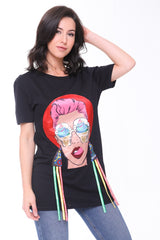 Camiseta Longline Applique Girl Face con boras