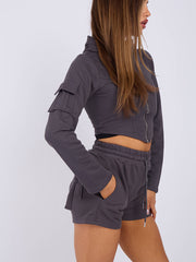 Cropped Zip Up Hoodie & Ruched Shorts Co-ord