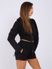 Cropped Zip Up Hoodie & Ruched Shorts Co-ord
