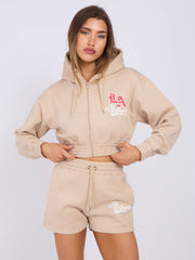 LA Cropped Zip Up Hoodie & Shorts Fleece Co-ord