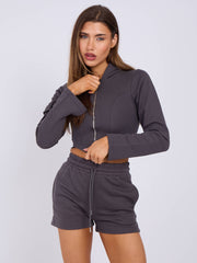 Cropped Zip Up Hoodie & Ruched Shorts Co-ord