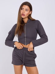 Cropped Zip Up Hoodie & Ruched Shorts Co-ord