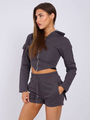 Cropped Zip Up Hoodie & Ruched Shorts Co-ord