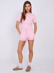 Ribbed Button Through Short Sleeve Top and Shorts Co-ord