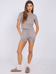 Ribbed Button Through Short Sleeve Top and Shorts Co-ord