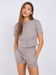 Ribbed Button Through Short Sleeve Top and Shorts Co-ord
