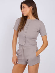 Ribbed Button Through Short Sleeve Top and Shorts Co-ord