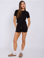 Ribbed Button Through Short Sleeve Top and Shorts Co-ord