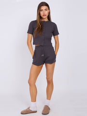 Ribbed Button Through Short Sleeve Top and Shorts Co-ord
