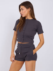 Ribbed Button Through Short Sleeve Top and Shorts Co-ord