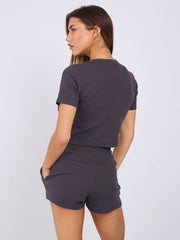 Ribbed Button Through Short Sleeve Top and Shorts Co-ord