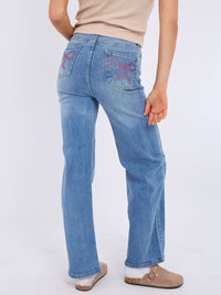 Straight Leg Denim Jeans With Bow Detail - Denim