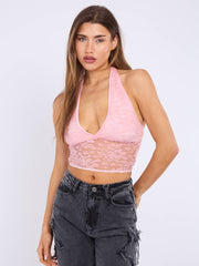 Halterneck Tie-Knot Lace Crop Top