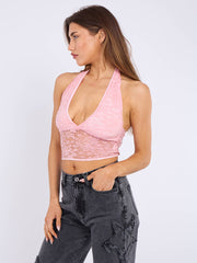 Halterneck Tie-Knot Lace Crop Top