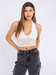 Halterneck Tie-Knot Lace Crop Top