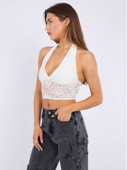 Halterneck Tie-Knot Lace Crop Top