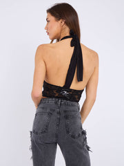 Halterneck Tie-Knot Lace Crop Top