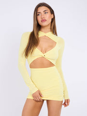 Cut Out Knot Front Long Sleeve Slinky Dress