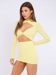 Cut Out Knot Front Long Sleeve Slinky Dress