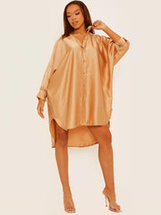 Oversized Dip Hem Satin?Shirt Dress