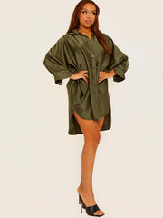 Oversized Dip Hem Satin?Shirt Dress
