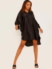 Oversized Dip Hem Satin?Shirt Dress