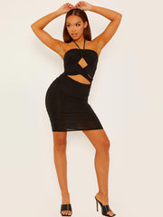 Halterneck wrap vooruitgesneden ruches jurk