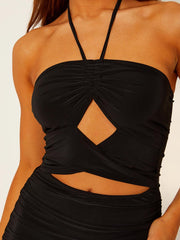 Halterneck wrap vooruitgesneden ruches jurk