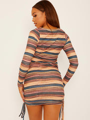 Long Sleeves Multi Coloured Ruched Dress