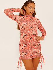 High Neck Marble Print Ribbed Ruched Dress