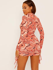 High Neck Marble Print Ribbed Ruched Dress