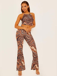 Marble Print Scrunch Back Flared Slinky Trousers - Brown