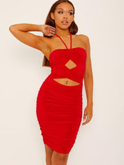 Halterneck wrap vooruitgesneden ruches jurk