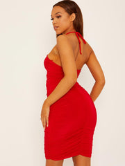 Halterneck wrap vooruitgesneden ruches jurk