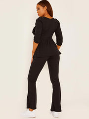 Frill Detail Ribbed Peplum Co-ord