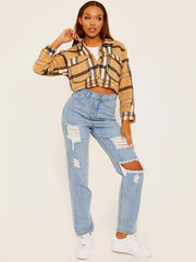 Cropped Colour Block Checked Shirt Jacket Shacket