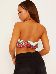Wrap Front Scarf Print Chain Halter Crop Top