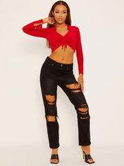 Ruched Front Collared Slinky Crop Top