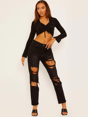 Ruched Front Collared Slinky Crop Top