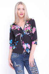 Wrap Twist Front Floral Print Top