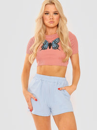 Tie Back Butterfly Print Rib Crop Top - Rose Gold
